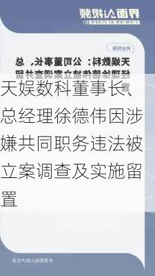 天娱数科董事长、总经理徐德伟因涉嫌共同职务违法被立案调查及实施留置