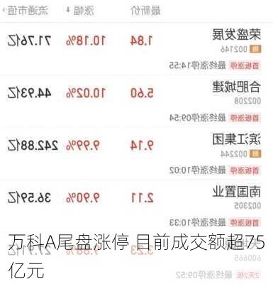 万科A尾盘涨停 目前成交额超75亿元