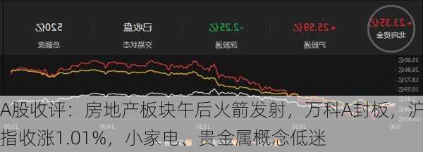 A股收评：房地产板块午后火箭发射，万科A封板，沪指收涨1.01%，小家电、贵金属概念低迷