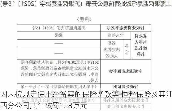 因未按规定使用经备案的保险条款等 恒邦保险及其江西分公司共计被罚123万元