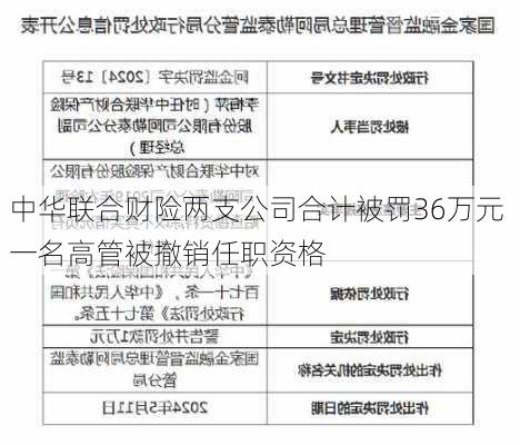 中华联合财险两支公司合计被罚36万元 一名高管被撤销任职资格