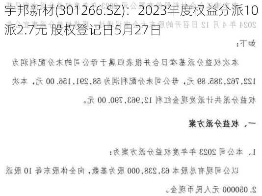 宇邦新材(301266.SZ)：2023年度权益分派10派2.7元 股权登记日5月27日