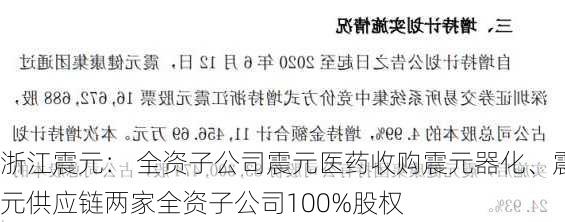 浙江震元： 全资子公司震元医药收购震元器化、震元供应链两家全资子公司100%股权