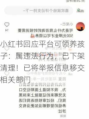 小红书回应平台可领养孩子：属违法行为，已下架清理！已将举报信息移交相关部门