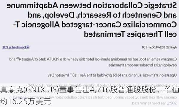 真泰克(GNTX.US)董事售出4,716股普通股股份，价值约16.25万美元