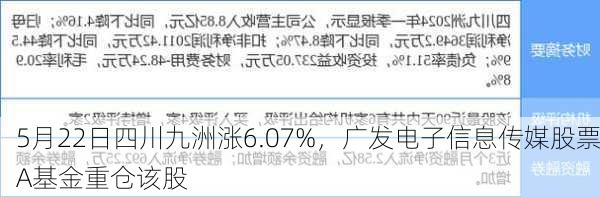 5月22日四川九洲涨6.07%，广发电子信息传媒股票A基金重仓该股