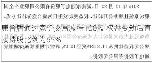 康普盾通过竞价交易减持100股 权益变动后直接持股比例为65%