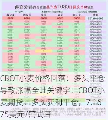 CBOT小麦价格回落：多头平仓导致涨幅全吐关键字：CBOT小麦期货，多头获利平仓，7.1675美元/蒲式耳