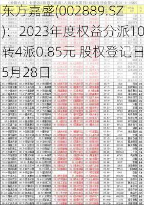 东方嘉盛(002889.SZ)：2023年度权益分派10转4派0.85元 股权登记日5月28日