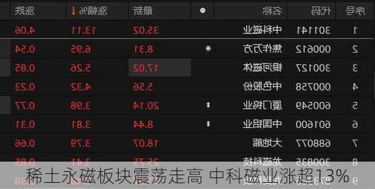 稀土永磁板块震荡走高 中科磁业涨超13%