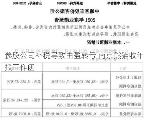 参股公司补税导致由盈转亏 南京熊猫收年报工作函