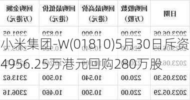 小米集团-W(01810)5月30日斥资4956.25万港元回购280万股