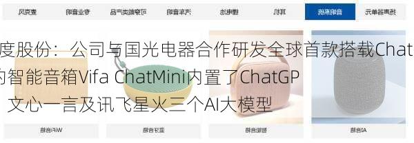 智度股份：公司与国光电器合作研发全球首款搭载ChatGPT的智能音箱Vifa ChatMini内置了ChatGPT、文心一言及讯飞星火三个AI大模型