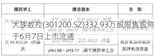 大族数控(301200.SZ)332.93万股限售股将于6月7日上市流通