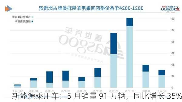 新能源乘用车：5 月销量 91 万辆，同比增长 35%