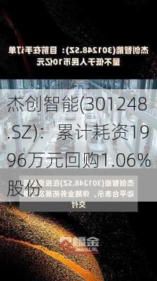 杰创智能(301248.SZ)：累计耗资1996万元回购1.06%股份