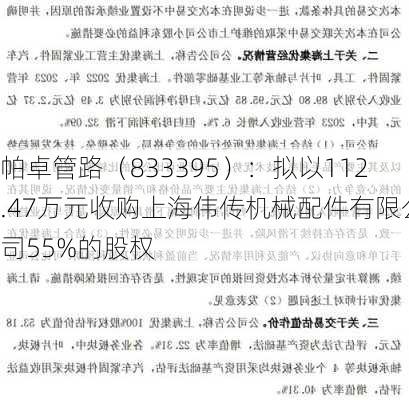 帕卓管路（833395）：拟以112.47万元收购上海伟传机械配件有限公司55%的股权