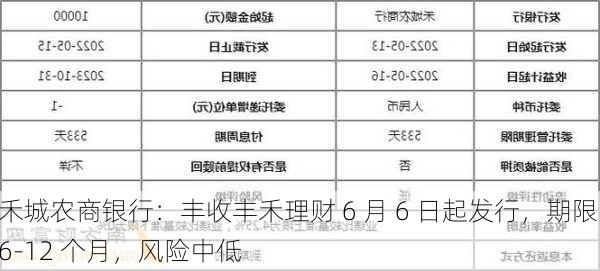 禾城农商银行：丰收丰禾理财 6 月 6 日起发行，期限 6-12 个月，风险中低