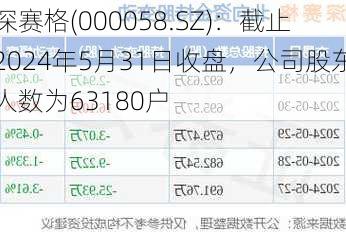 深赛格(000058.SZ)：截止2024年5月31日收盘，公司股东人数为63180户