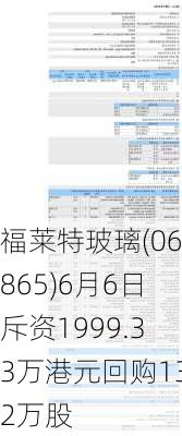 福莱特玻璃(06865)6月6日斥资1999.33万港元回购132万股