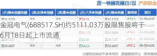 金冠电气(688517.SH)约5111.03万股限售股将于6月18日起上市流通