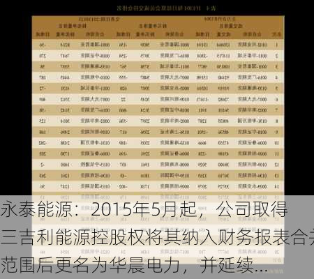 永泰能源：2015年5月起，公司取得三吉利能源控股权将其纳入财务报表合并范围后更名为华晨电力，并延续...