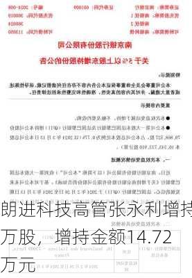 朗进科技高管张永利增持1万股，增持金额14.72万元