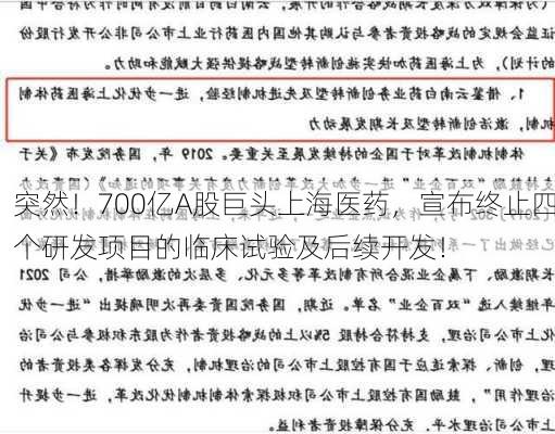 突然！700亿A股巨头上海医药，宣布终止四个研发项目的临床试验及后续开发！