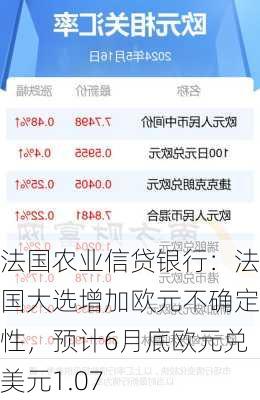 法国农业信贷银行：法国大选增加欧元不确定性，预计6月底欧元兑美元1.07