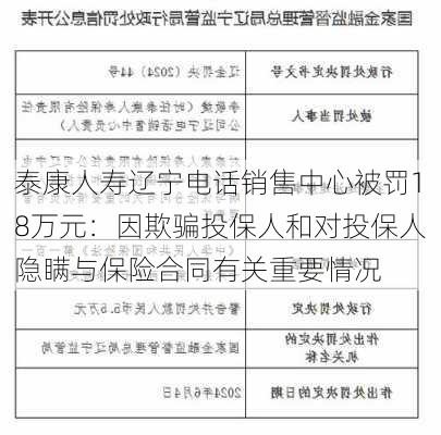 泰康人寿辽宁电话销售中心被罚18万元：因欺骗投保人和对投保人隐瞒与保险合同有关重要情况