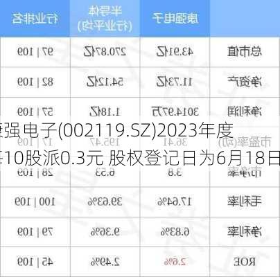 康强电子(002119.SZ)2023年度每10股派0.3元 股权登记日为6月18日