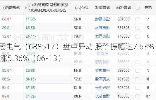 金冠电气（688517）盘中异动 股价振幅达7.63%  上涨5.36%（06-13）