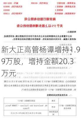 新大正高管杨谭增持1.99万股，增持金额20.3万元