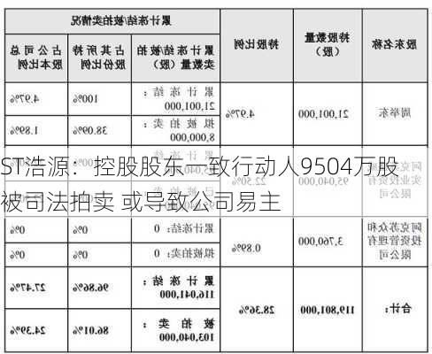 ST浩源：控股股东一致行动人9504万股被司法拍卖 或导致公司易主