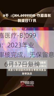 沛嘉医疗-B(09996)：2023年业绩审核完成，无保留意见，6月17日复牌