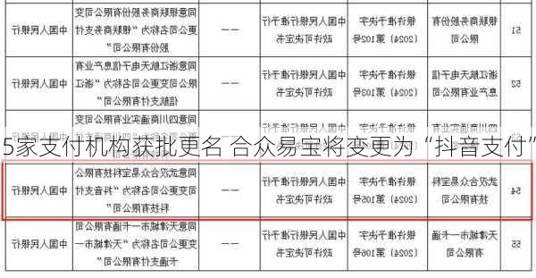 5家支付机构获批更名 合众易宝将变更为“抖音支付”