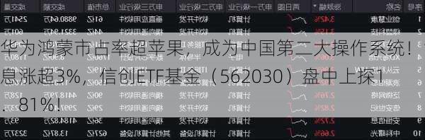 华为鸿蒙市占率超苹果，成为中国第二大操作系统！海光信息涨超3%，信创ETF基金（562030）盘中上探1．81%！