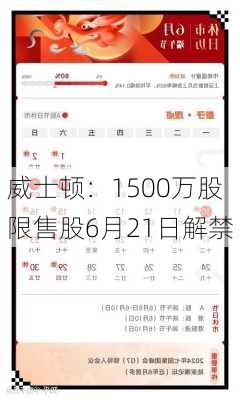 威士顿：1500万股限售股6月21日解禁