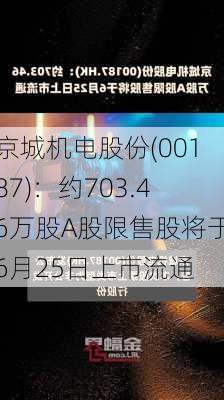 京城机电股份(00187)：约703.46万股A股限售股将于6月25日上市流通