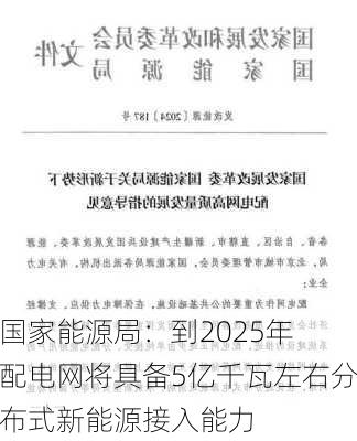 国家能源局：到2025年 配电网将具备5亿千瓦左右分布式新能源接入能力