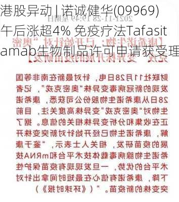 港股异动 | 诺诚健华(09969)午后涨超4% 免疫疗法Tafasitamab生物制品许可申请获受理