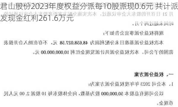 君山股份2023年度权益分派每10股派现0.6元 共计派发现金红利261.6万元