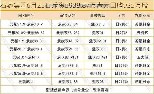 石药集团6月25日斥资5938.87万港元回购935万股