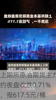 上期所原油期货主力合约夜盘收跌0.71%，报617.5元/桶