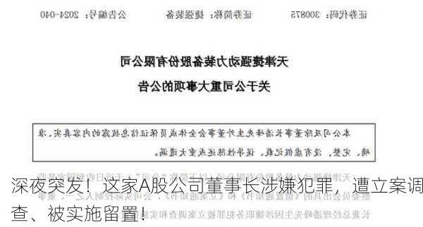 深夜突发！这家A股公司董事长涉嫌犯罪，遭立案调查、被实施留置！