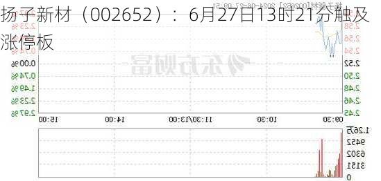 扬子新材（002652）：6月27日13时21分触及涨停板