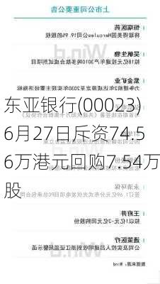 东亚银行(00023)6月27日斥资74.56万港元回购7.54万股