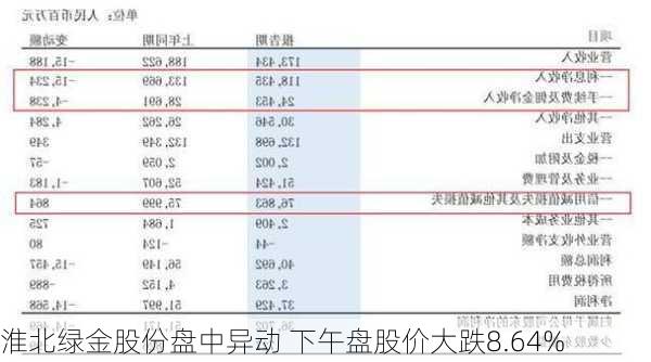 淮北绿金股份盘中异动 下午盘股价大跌8.64%