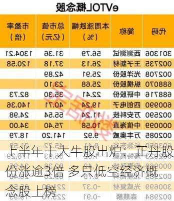 上半年十大牛股出炉：正丹股份涨逾3倍 多只低空经济概念股上榜