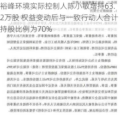 裕峰环境实际控制人陈小敏增持63.2万股 权益变动后与一致行动人合计持股比例为70%